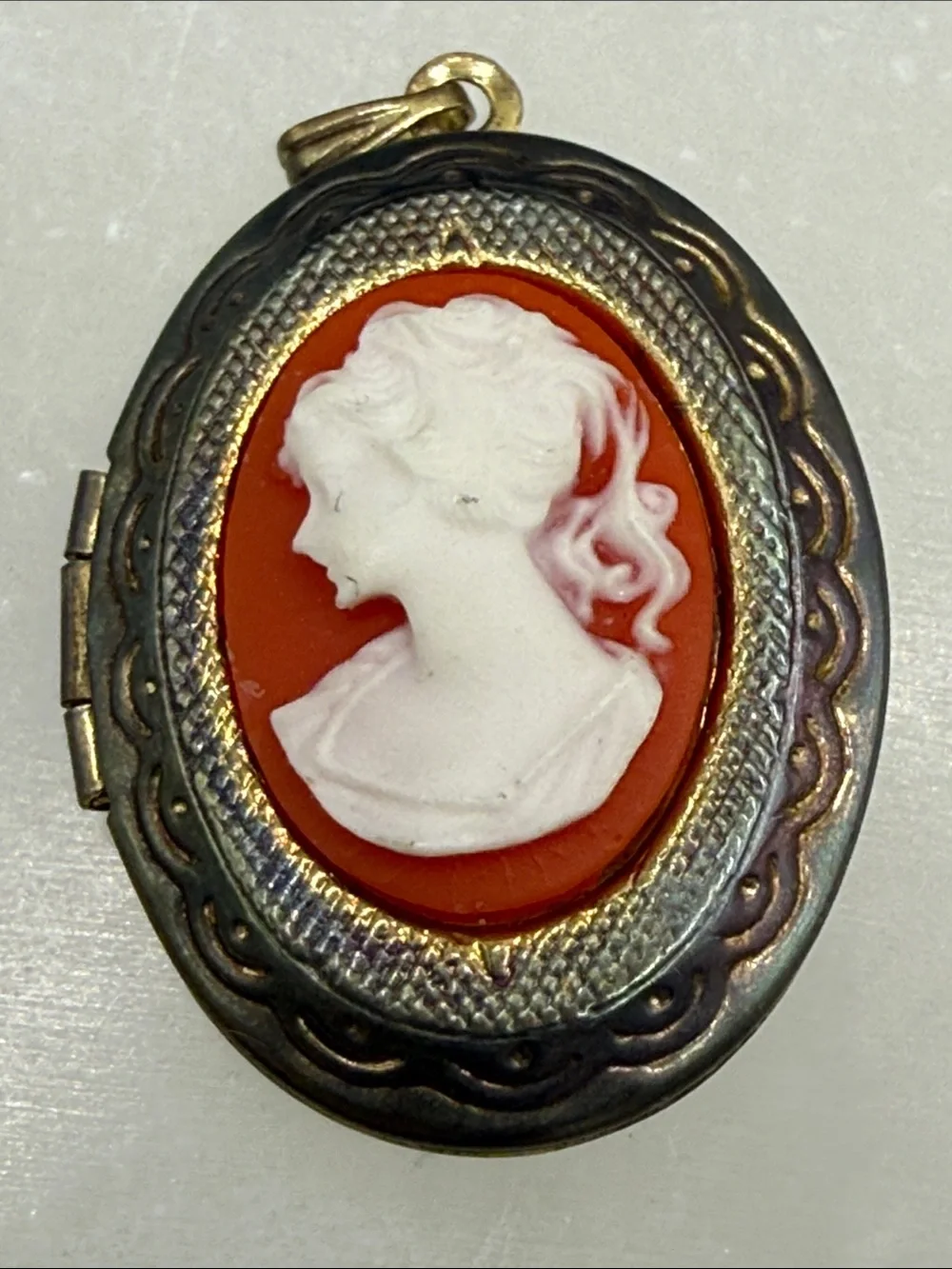 Vintage Classic White Cameo Coral lucite distressed Locket Pendant charm